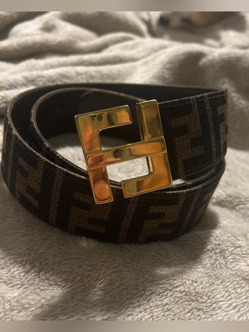 FENDI Vintage Zucca Buckle Wide Belt FF Gold Logo Canvas Leather Brown “Read”